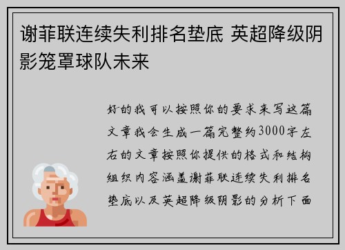 谢菲联连续失利排名垫底 英超降级阴影笼罩球队未来