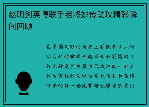 赵明剑英博联手老将妙传助攻精彩瞬间回顾